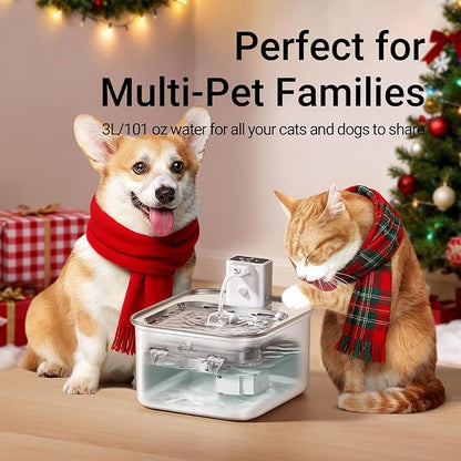 DownyPaws Cat Water Fountain Stainless Steel Wireless, 101 oz/3L FurSink Cordless Water Fountain for Cats, Battery Operated Cat Fountains for Drinking with Motion Sensor, Easy Clean, White