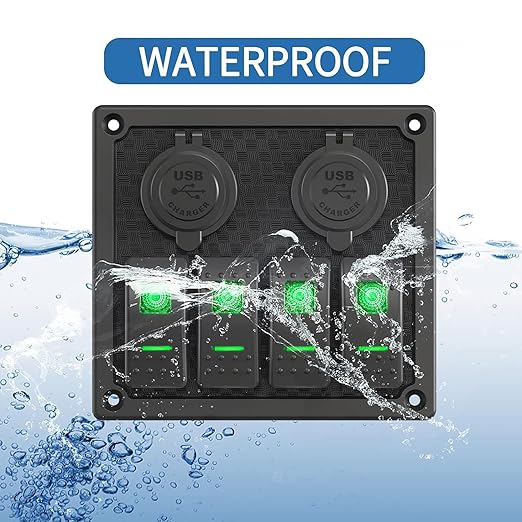4 Gang Rocker Switch Panel, Multi-Function LED On-Off Switch with 3.1A Dual USB Charger, 12/24V Waterproof Marine Wired Toggle Switch Panel for Automotive Cars Marine Boats RVs (Green)