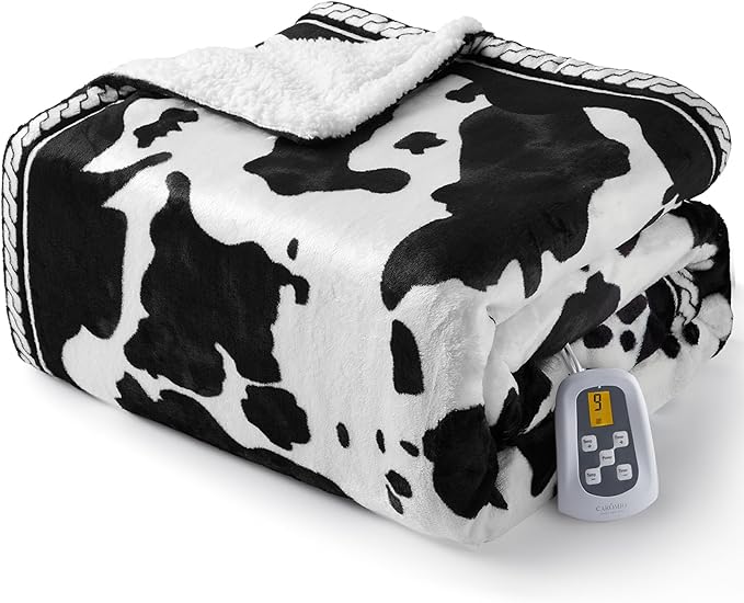 CAROMIO Heated Electric Blanket Twin Size, Cow Print Fast Heating Throw Blankets with LCD Controller, 10 Heat Levels & 1-12H Time Settings Auto Off, ETL Certified, Black White, 62" x 84"