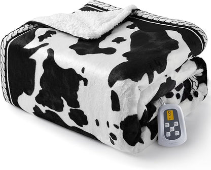 CAROMIO Heated Electric Blanket Twin Size, Cow Print Fast Heating Throw Blankets with LCD Controller, 10 Heat Levels & 1-12H Time Settings Auto Off, ETL Certified, Black White, 62" x 84"