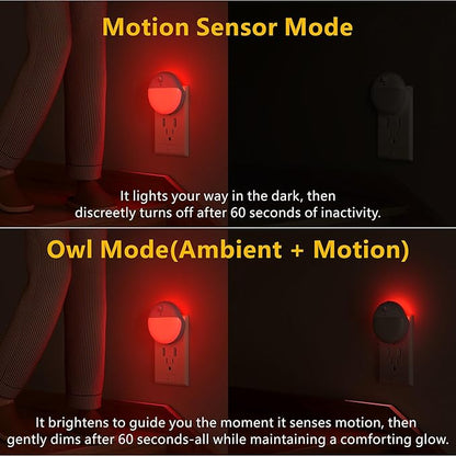 2 Pack Plug in Red Sleep Night Light with Motion Sensor and Dusk to Dawn Sensor, 3 Modes, Soft Glow, Stepless Dimming, LED Lights for Bedroom, Sleep, Baby Nursery, Kids, Toddler, Home Decor
