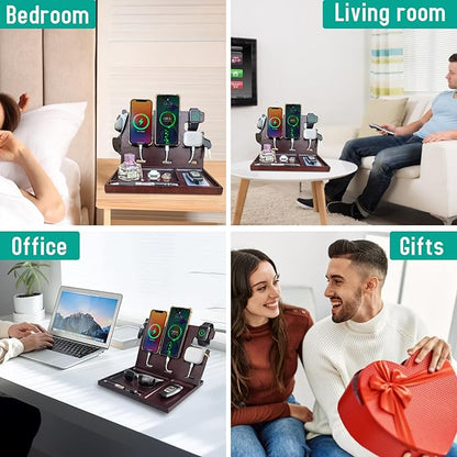 Wood Phone Docking Station for Men Nightstand Organizer Charger with 4 USB PD & QC3.0 Fast Charging Station for Multiple Devices iPhone Samsung Google Android Anniversary Birthday Gifts for Him