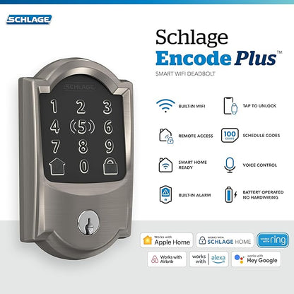 Schlage BE499WB CAM 619 Encode Plus WiFi Deadbolt Smart Lock, Keyless Entry Touchscreen Door Lock with Camelot Trim, Satin Nickel