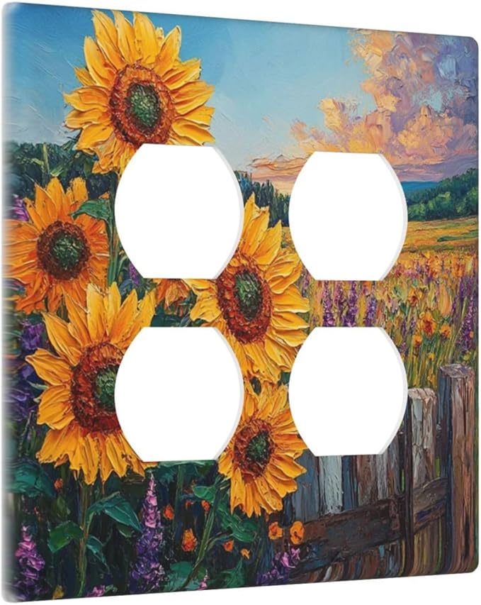 Decorative Outlet Covers Rustic Wilderness Sunflower Lavender Muzha Oil Painting 2 Gang Wall Plate Cover Double Duplex Receptacle Light Switch Cover Plate Faceplate