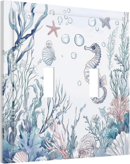 Decorative Switch Plates Ocean Coral Seahorse Seashell Starfish 2 Gang Double Toggle Outlet Light Switch Cover Wall Plate Electrical Faceplate For Bathroom Home Decor