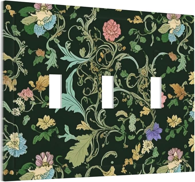 Decorative Light Switch Cover Plate Vintage Green Leaf Plant Rustic Pink Flower 3 Gang Wall Plate Oversized Triple Toggle Switch Cover Plate Jumbo Faceplate for Home Decor