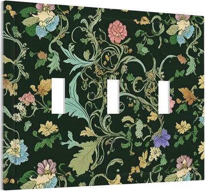 Decorative Light Switch Cover Plate Vintage Green Leaf Plant Rustic Pink Flower 3 Gang Wall Plate Oversized Triple Toggle Switch Cover Plate Jumbo Faceplate for Home Decor