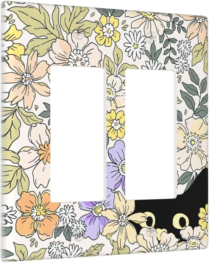 Decorative Outlet Covers Cute Black Cat in a Flower Patch Botanical Garden 2 Gang Wall Plate Double Rocker Light Switch Cover Double Switch Plate Cover for Home Decor （2 Pack）