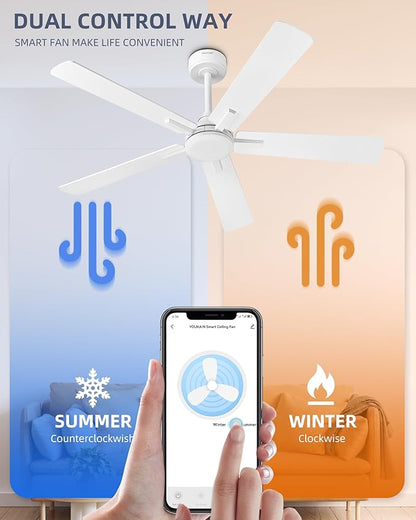 YOUKAIN Ceiling Fan No Light, 52 Inch White Ceiling Fans, Smart Ceiling Fans with Remote & APP Control, Reversible Blades, Cover Outdoor Ceiling Fan for Living room, Bedroom, 52-YJ812-WH-NL