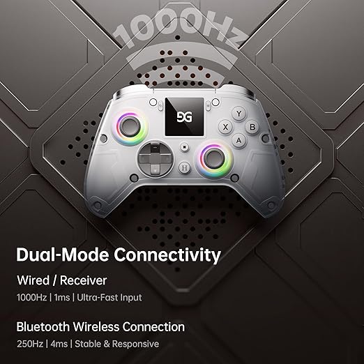 GUSGU G7 Wireless Gaming Controller with Interactive Screen, 1000Hz Polling Rate, Hall Joysticks & Triggers, 4 Programmable Buttons, Compatible with PC, Switch1, PS4, iOS, Android, Gray