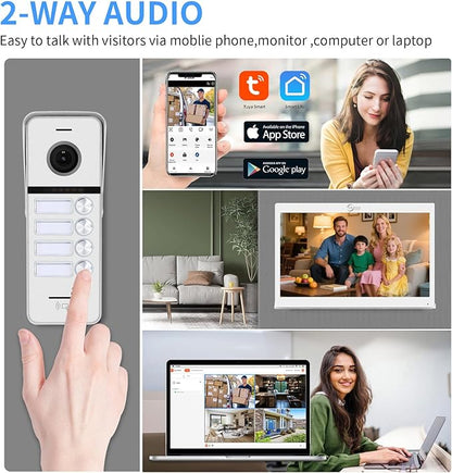 ANJIELO SMART Wired Video Doorbell Apartment Intercom System,4 Family Units 10 Inch Touch Monitor,3 in 1 Unlocking,Dual Way Intercom Motion Detection Tuya for Villa Home (1 Doorbell(w)+ 4 Monitor(w))