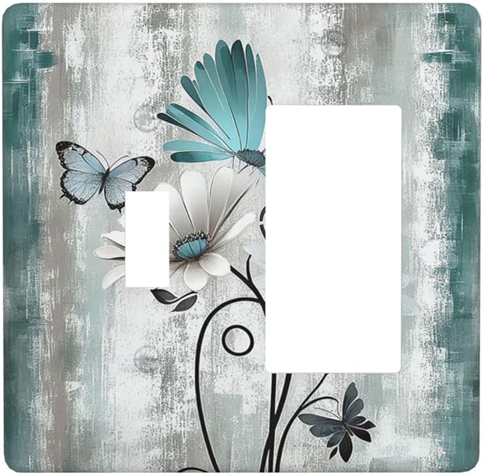 Outlet Covers Rustic Teal Daisy Floral Flowers Butterfly Wood Grain 1 Toggle 1 Rocker Combination Decorative Wall Plate Electrical Switch Plates Light Switch Cover Plate for Bedroom Decor