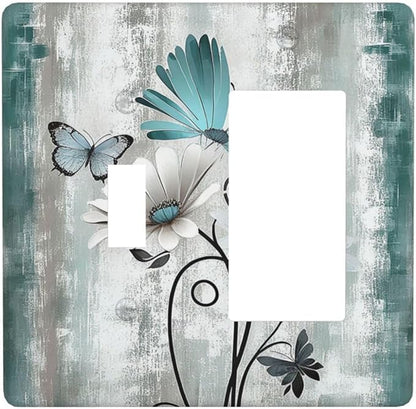 Outlet Covers Rustic Teal Daisy Floral Flowers Butterfly Wood Grain 1 Toggle 1 Rocker Combination Decorative Wall Plate Electrical Switch Plates Light Switch Cover Plate for Bedroom Decor