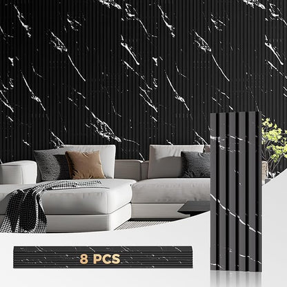 OUZUGIE WPC Acoustic Slat Wall Paneling, 8-Pack 114 x 6 Inches 3D Wall Panels for Interior Wall Decor,Living Room,TV Background,Study Room,Office Spaces,Bedroom,Low Grille (Black Marble-1)