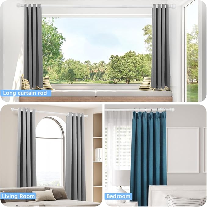 Curtain Rods for Windows 16 to 150 Inches, Curtain Rod Max Adjustable Length of 160 IN, 6/8" Diameter Drapery Rods Round Finials, White, Pack of 2