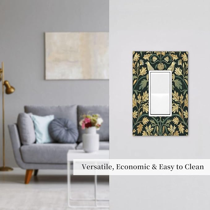 Decorative Outlet Covers William Morris Vintage Botanical Birds Golden Green Leaves 1 Gang Single Rocker Light Switch Cover Plate Wall Plates GFCI Faceplate for Bedroom Home Decor