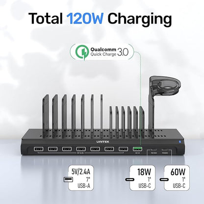Unitek iPad Charging Station for Multiple Devices, 120W USB Charger Station Organizer with QC 3.0 & PD 60W/18W, 10 Port Fast Charging Dock for iPhone, Kindle, Tablet, Laptop and More