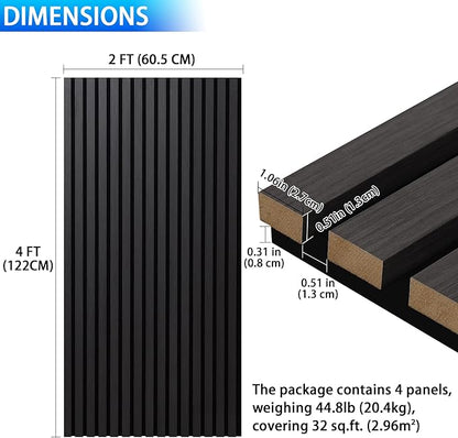 3D Slat Acoustic Wall Panels with Wood Finish Accent, 4 Pack Sound Absorbing Paneling for Studio, Office, Living Room, Bedroom Interior Decor (Matte Black, 48''L x 24''W)