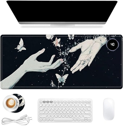 Heated Mouse Pad 31.5x13 in 3-Temp Fast Heating Desk Mat with Auto Timer Warmer for Hands Wrist Pain Relief Waterproof Keyboard Mat for Office, Gaming, Home, Butterfly Hands Art