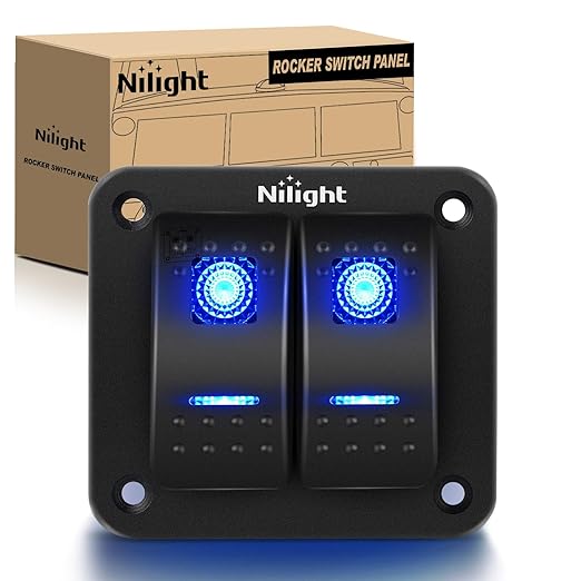 Nilight 90106B 2 Gang Rocker Switch Panel 5 Pin On Off Pre-Wired Rocker Switch Aluminum Panel Waterproof Switche Panel for 12V/24V Automotive Cars Marine Boats ATVs Trailers,2 Years Warranty , Blue