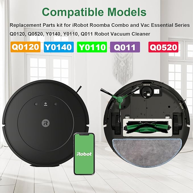 Replacement Parts for iRobot Roomba Combo VAC/Essential Series Q011, Q0520, Q0120, Y0140, Y0110, Robot Vacuum Cleaner, 2 Roller Brush, 8 Side Brushes, 8 Hepa Filters, 1 Cleaning Brush(19 Pack)