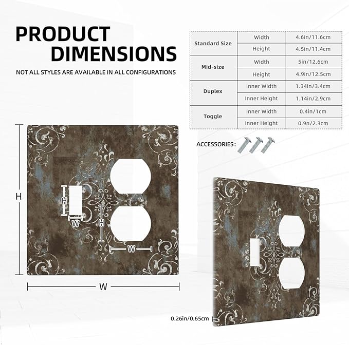 Decorative Outlet Covers Brown Vintage Abstract Floral 2 Gang Wall Plate Cover Single Toggle Duplex Combo Two Switch Light Switch Cover Plate Jumbo Dual GFCI Faceplate for Home Decor