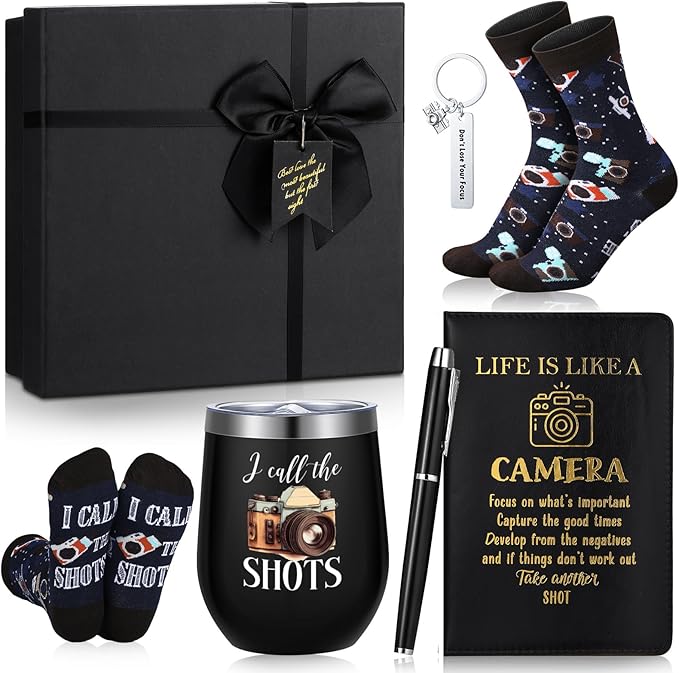 6 Pcs Photographer Gifts for Camera Lovers for Men Women 12 oz Stainless Steel Cup Socks Keychain Pen Notebook Box for Christmas Photography & Travelers Lovers