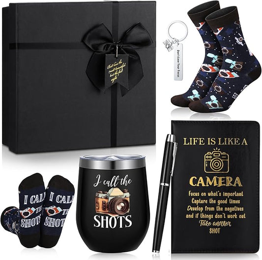 6 Pcs Photographer Gifts for Camera Lovers for Men Women 12 oz Stainless Steel Cup Socks Keychain Pen Notebook Box for Christmas Photography & Travelers Lovers