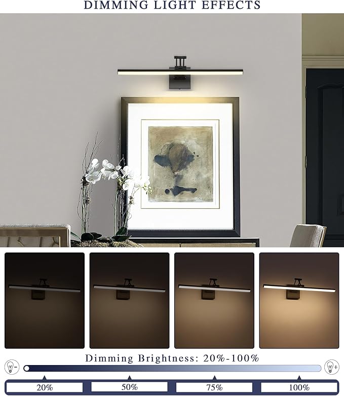 Joossnwell Picture Light for Painting Black Art Light Hard-Wired Picture Frame Light 23.62 Inch Dimmable Gallery Wall Light with Adjustable Swing Arm for Painting Library Museum Warm White