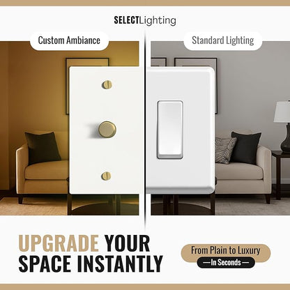 SELECT White Brass Dimmer Light Switch, 1 Way Rotary Dimmer, 1 Gang TRIAC/Leading Edge Dimmable LED Light Switch, 15A 120V AC with Brass Knob, Faceplate & Dimming Module, UL Listed