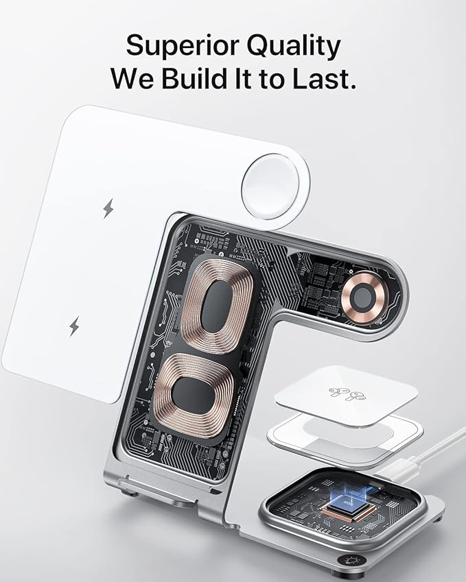 Intoval Metal Charging Station for iPhone 17/16/15/14/13/12/11/XS/XR/XS, 3 in 1 Wireless Charger for Apple Watch 11/Ultra 3/SE/10/9/8/7/6/5/4/3/2, for AirPods 4/Pro/Pro 2/3 (Y9,Silver)