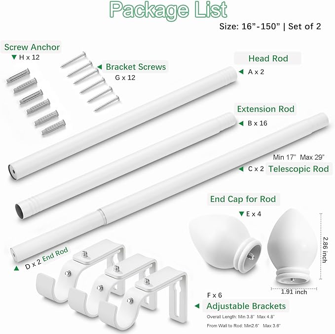 Curtain Rods for Windows 16 to 150 inches, Curtain Rod Max Adjustable Length to 158 in, Drapery Rod 1 inch Diameter with Modern Knobs Finials (White, 16" to 150" - Set of 2)