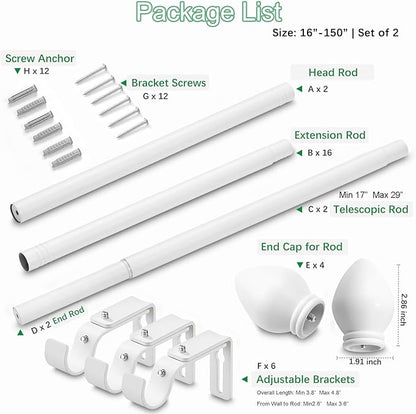 Curtain Rods for Windows 16 to 150 inches, Curtain Rod Max Adjustable Length to 158 in, Drapery Rod 1 inch Diameter with Modern Knobs Finials (White, 16" to 150" - Set of 2)