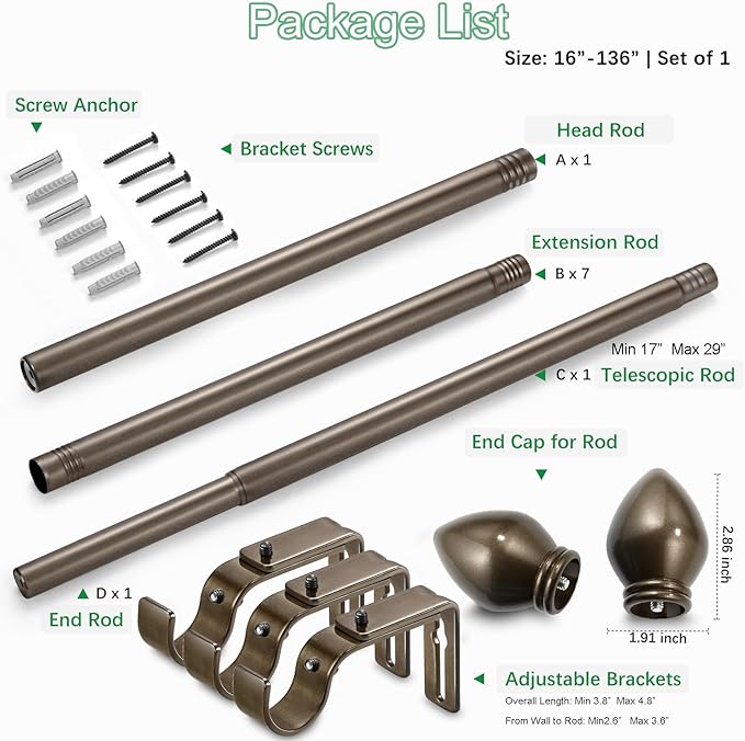 Curtain Rods for Windows 16 to 136 inches, Curtain Rod Max Adjustable Length to 146 in, Drapery Rod 1 inch Diameter with Modern Knobs Finials (Brown, 16" to 136" - Set of 1)