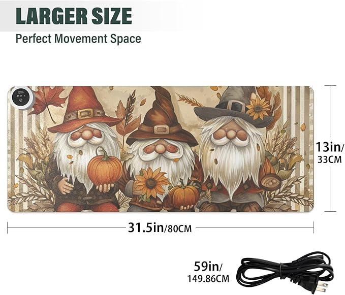 Heated Desk Pad Mouse Pad 31.5x13 Inch PU Leather Desk Mat with 3 Heat Levels Large Mouse Gaming Computer Laptop Mat Gnomes Maple Leaf