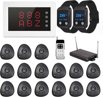 Restaurant Pager System Wireless Calling System 1200+ Feet with 1 Singal Amplifier/1 Display Receiver/2 Watch Pagers/15 Waterproof Call Buttons for Restaurant Cafe Church Clinic Hospital