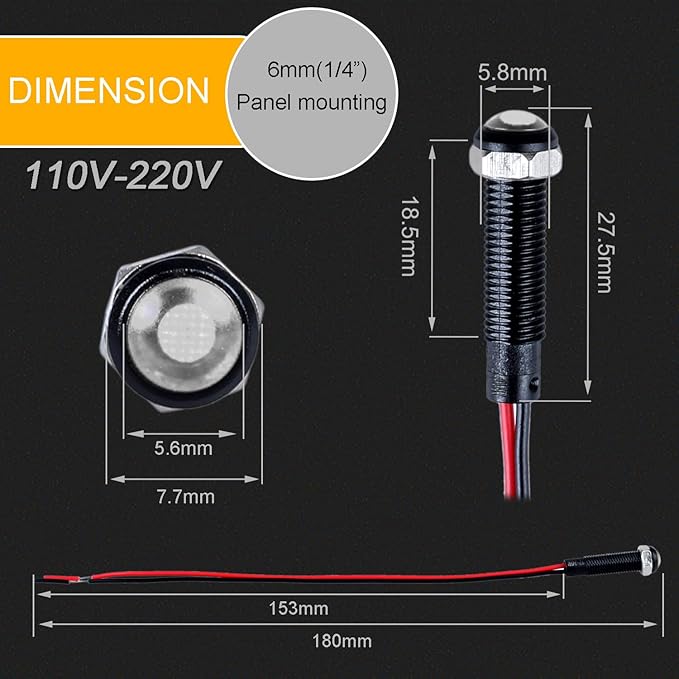 5pcs 6mm LED Indicator Light Plastic Black Signal Dot Lamp 110-220VAC 1/4" Mounting Hole Size with 15cm/5.9in. Wire (White LED)