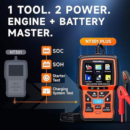 Upgraded of NT301, 2-in-1 FOXWELL NT301 Plus OBD2 Scanner Battery Tester, Professional Check Engine Code Reader Car Diagnostic Tool, 12V Cranking Charging Analyzer for 1996+ Newer Vehicle