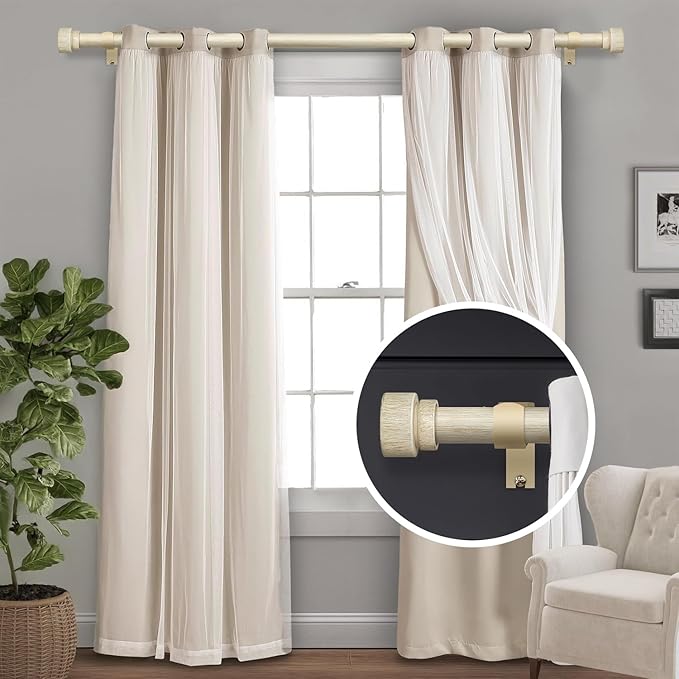 White Oak Wood Grain Curtain Rods for Windows 28 to 48 Inches 1" Diameter Boho Decorative Heavy Duty Window Curtain Rod Adjustable with Solid Finials for Living Room Bedroom Kitchen Farmhouse Outdoor