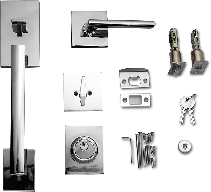 Berlin Modisch HandleSet Front Door Entry Handle and Deadbolt Lock Set Slim Square Single Cylinder Deadbolt and Lever Reversible for Right & Left Sided Doors Heavy Duty – Polished Chrome Finish
