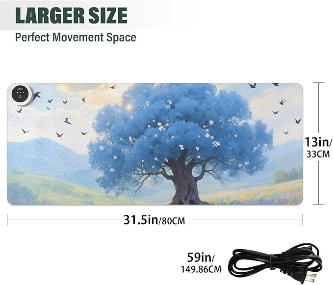 Large Heated Mouse Pad,Leather Desk Mat,31.5"x13",Hand Warmer Pads for Desk,Scenery Tree Flower(Blue)