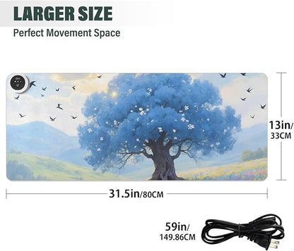 Large Heated Mouse Pad,Leather Desk Mat,31.5"x13",Hand Warmer Pads for Desk,Scenery Tree Flower(Blue)