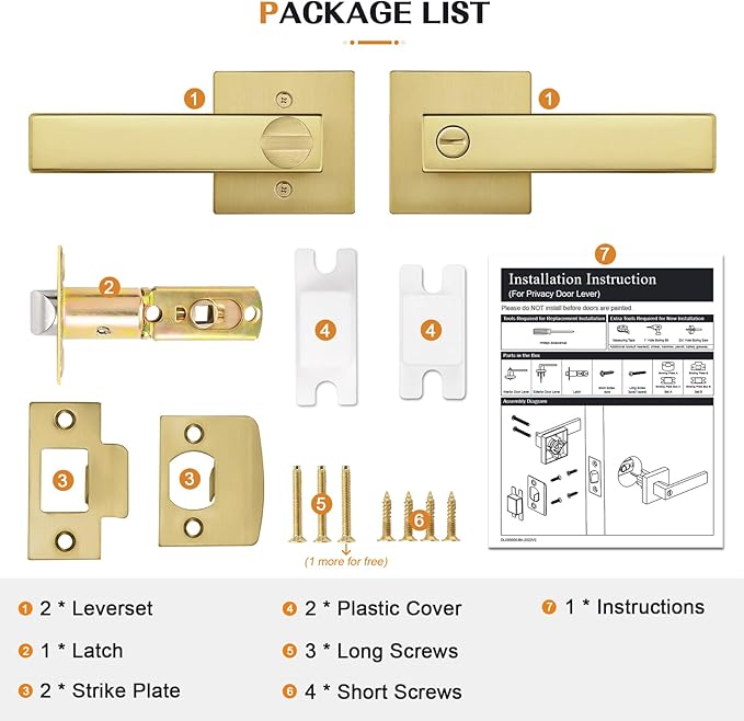 Probrico Interior Flat Square Gold Privacy Door Handle, Heavy Duty Keyless Interior Door Lever for Bed & Bath(10 Pack)