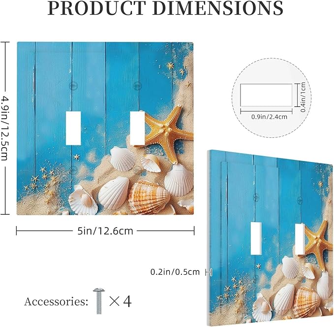 Decorative Switch Plates Blue Wood Grain Beach Shell Starfish 2 Gang Double Toggle Outlet Light Switch Cover Wall Plate Electrical Faceplate for Bathroom Farmhouse Decor
