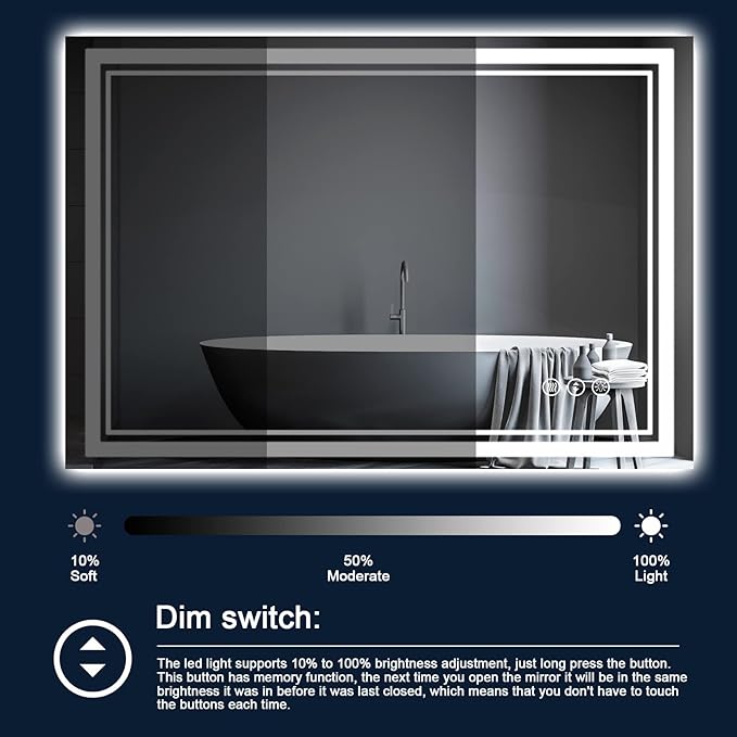 55 x 36 Inch LED Bathroom Mirror with Lights, Backlit and Front Lighted Bathroom Mirrors for Wall, Anti-Fog Dimmable Memory Shatterproof LED Vanity Mirror for Bathroom