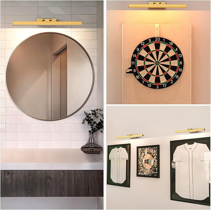 PESUTEN 2PCS Picture Light Battery Operated, 16in Wireless Art Light for Paintings CCT Dimmable Recharging Battery Picture Light with Remote Control for Gallery Dartboard Bedroom Bathroom Gold