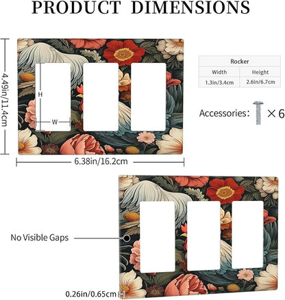 Light Switch Covers Rooster Flowers Red White Chicken Floral 3 Gang Rocker Electrical GFCI Decorative Triple Outlet Wall Plate Cover Switchplate for living Room Farmhouse Decor
