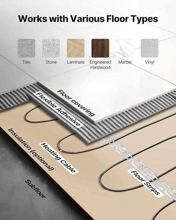 VEVOR 100 sqft Underfloor Heating Cable Kit, 120V Electric Radiant Heated Floor System, with Smart Control Thermostat & Alarm, Easy Installation for Tile, Stone, Vinyl, Home Improvement