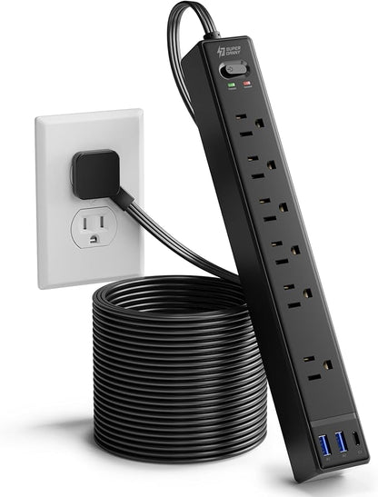 15Ft Long Extension Cord, SUPERDANNY Flat Plug Surge Protector Power Strip, 6 Outlets & 3 USB Ports, Desk Charging Station for Home Office, College Dorm Room Essentials