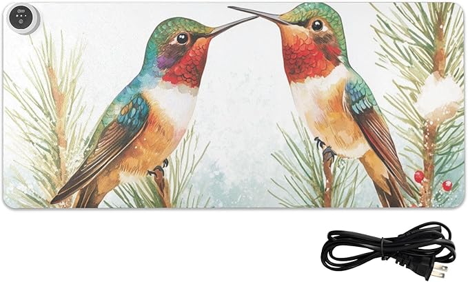 Heated Desk Pad Mouse Pad 31.5x13 Inch PU Leather Desk Mat with 3 Heat Levels Large Mouse Gaming Computer Laptop Mat Cartoon Hummingbirds and Pine Tree